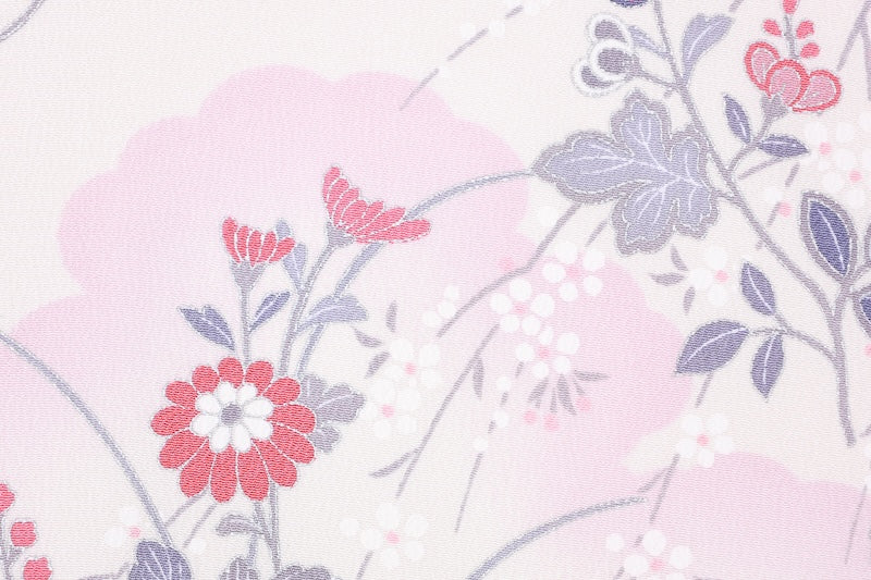 Japanese kimono used, white, shades of purple, gray, light pink, red, floral pattern, L152