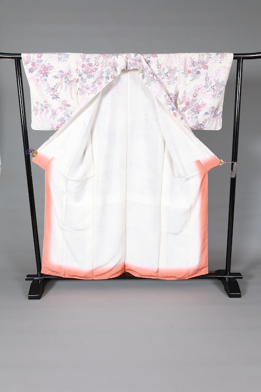 Japanese kimono used, white, shades of purple, gray, light pink, red, floral pattern, L152