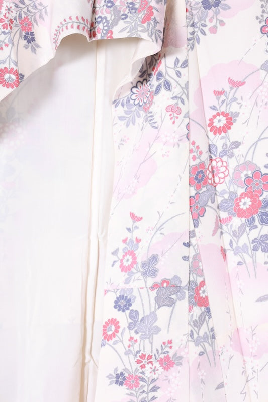 Japanese kimono used, white, shades of purple, gray, light pink, red, floral pattern, L152