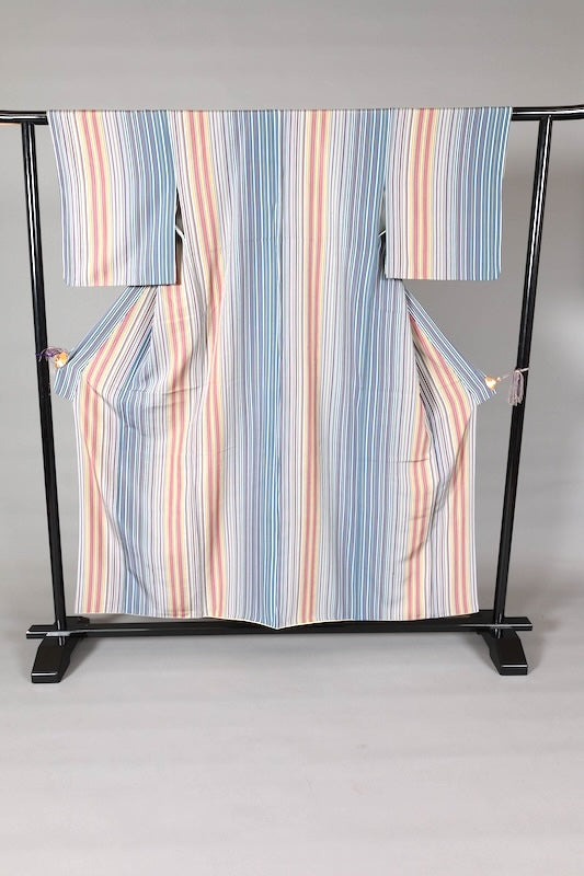 Japanese kimono used fabric, gray, mustard yellow, brown, white, reddish-brown, irregular stripe pattern, L151