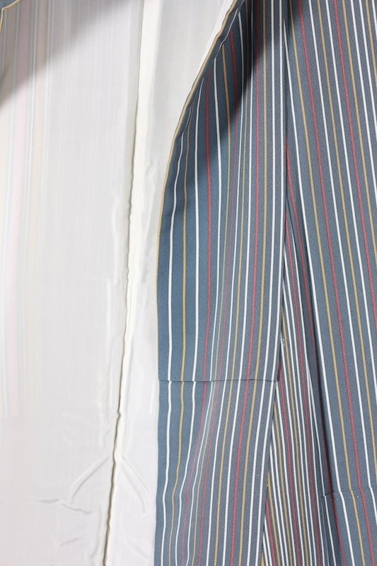 Japanese kimono used fabric, gray, mustard yellow, brown, white, reddish-brown, irregular stripe pattern, L151