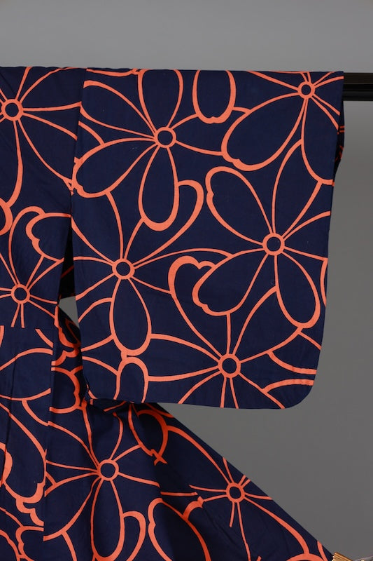 Yukata used(summer kimono) - Indigo and orange with floral pattern - Traditional dyeing - L171