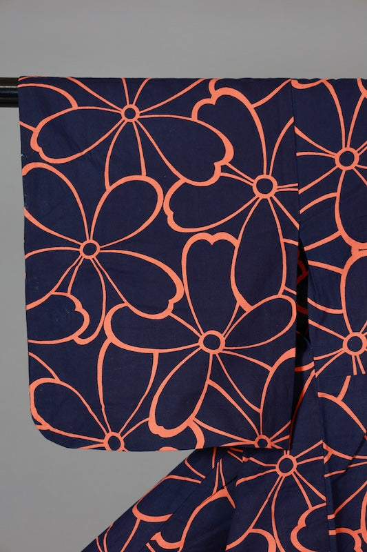 Yukata used(summer kimono) - Indigo and orange with floral pattern - Traditional dyeing - L171