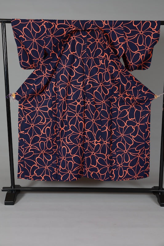 Yukata used(summer kimono) - Indigo and orange with floral pattern - Traditional dyeing - L171