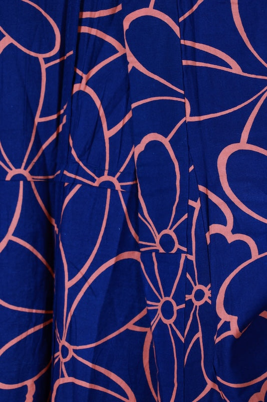 Yukata used(summer kimono) - Indigo and orange with floral pattern - Traditional dyeing - L171