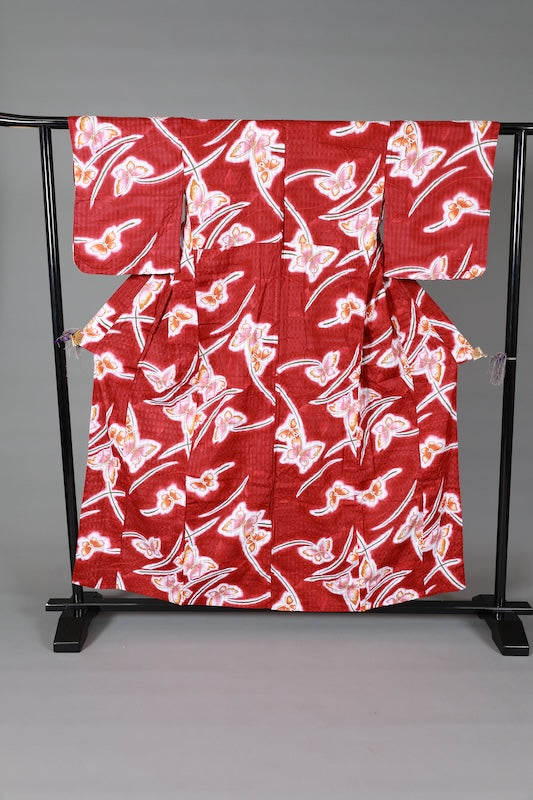 Yukata used(summer kimono) - Red, White, Pink, Green - Butterfly design - Textured weave - Checkered pattern - L173