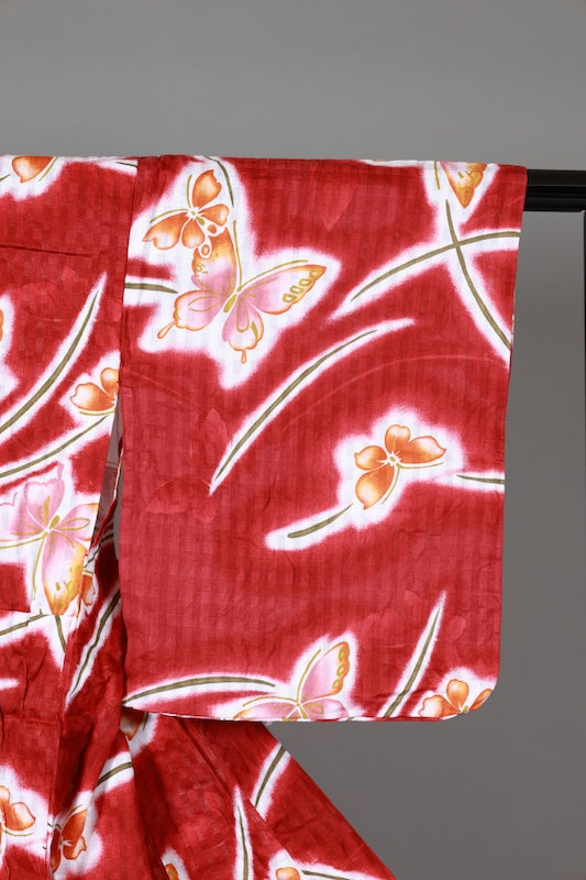 Yukata used(summer kimono) - Red, White, Pink, Green - Butterfly design - Textured weave - Checkered pattern - L173