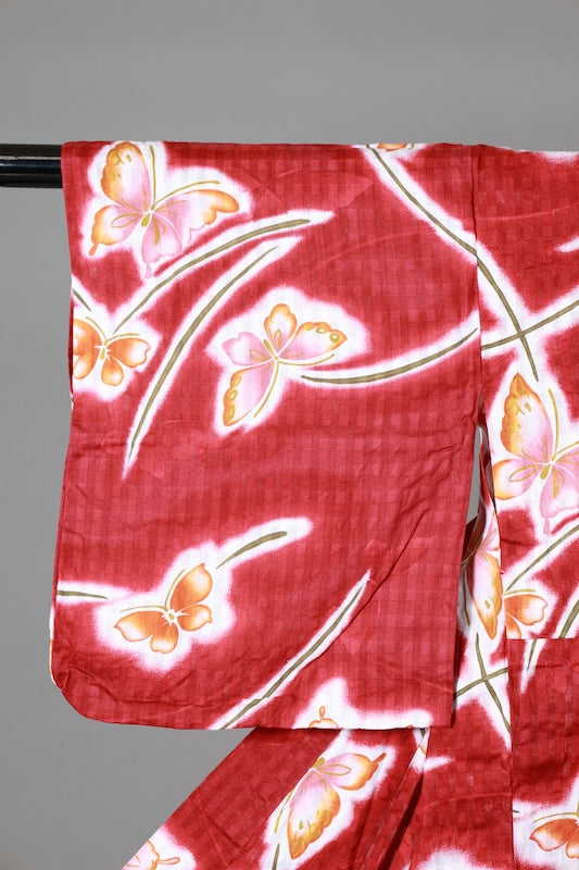 Yukata used(summer kimono) - Red, White, Pink, Green - Butterfly design - Textured weave - Checkered pattern - L173