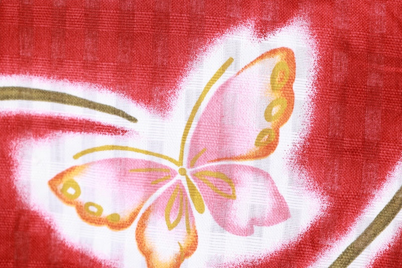 Yukata used(summer kimono) - Red, White, Pink, Green - Butterfly design - Textured weave - Checkered pattern - L173