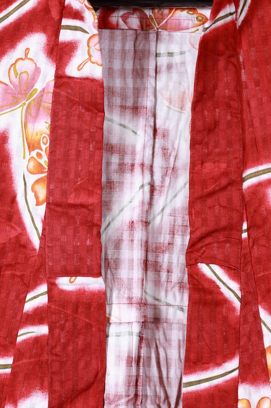 Yukata used(summer kimono) - Red, White, Pink, Green - Butterfly design - Textured weave - Checkered pattern - L173