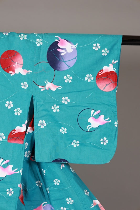 Yukata used(Japanese summer kimono) - Light blue, purple, red, white, pink, rabbit, cherry blossom design - L184