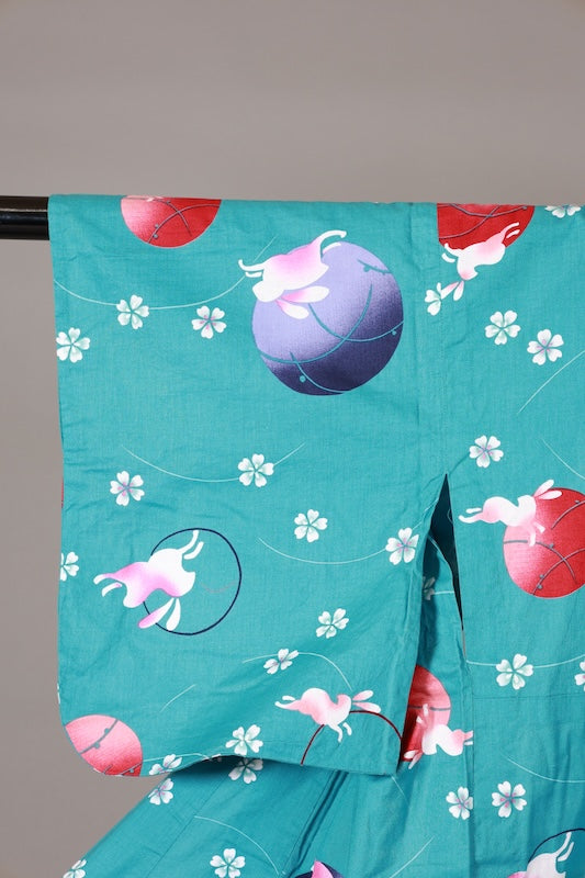 Yukata used(Japanese summer kimono) - Light blue, purple, red, white, pink, rabbit, cherry blossom design - L184