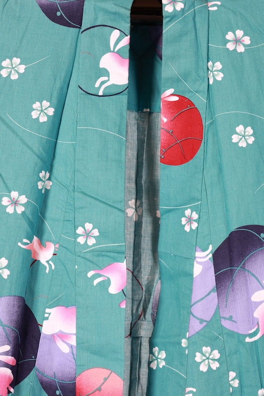 Yukata used(Japanese summer kimono) - Light blue, purple, red, white, pink, rabbit, cherry blossom design - L184
