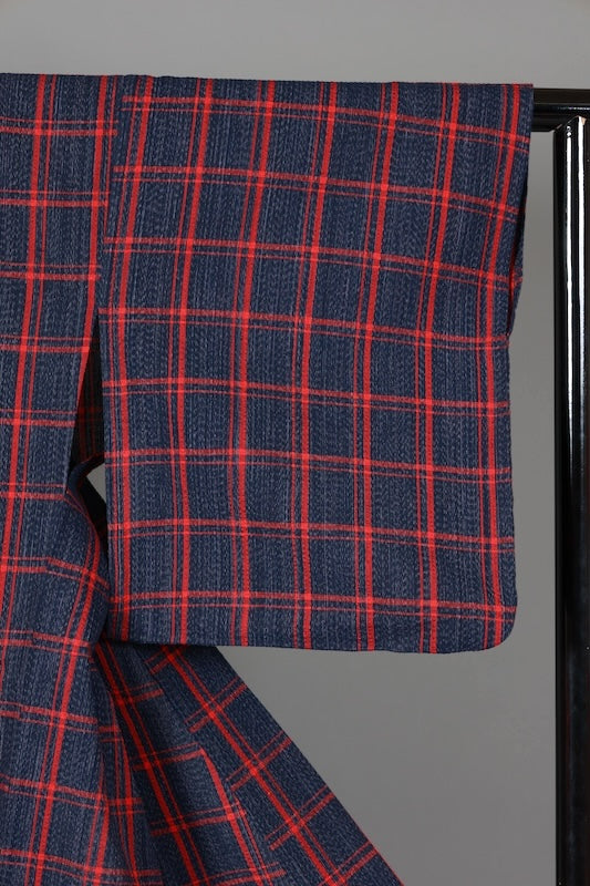 Yukata used (summer kimono), shijira weave, red and indigo check pattern, L161
