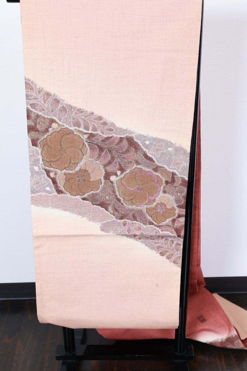 Fukuro-obi sash belt brown beige purple gold Hand-embroidered, hand-painted pre-owned /SZ4