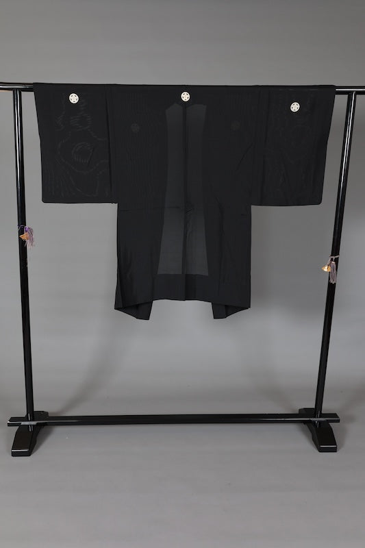 Summer men's haori jacket, used black, lacquered, with five crests (maru ni umebachi), size L159