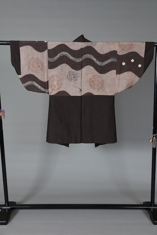 Men's haori jacket used, Tsumugi silk, brown, embroidered tie-dye pattern, tie-dye hat, L163