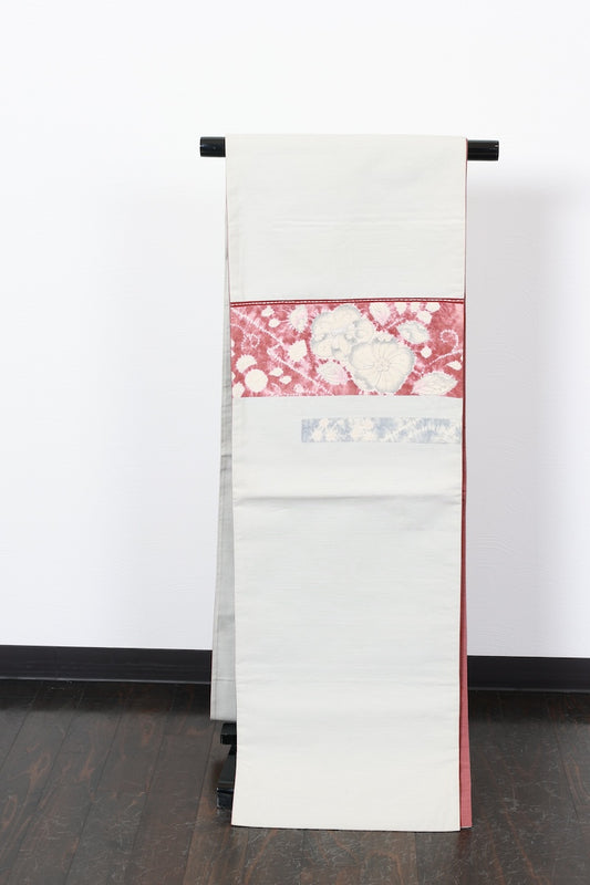 Nagoya-obi sash belt light gray brown gray embroidery pre-owned /ZZ1