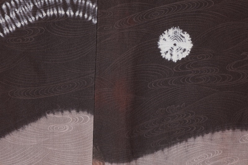 Men's haori jacket used, Tsumugi silk, brown, embroidered tie-dye pattern, tie-dye hat, L163