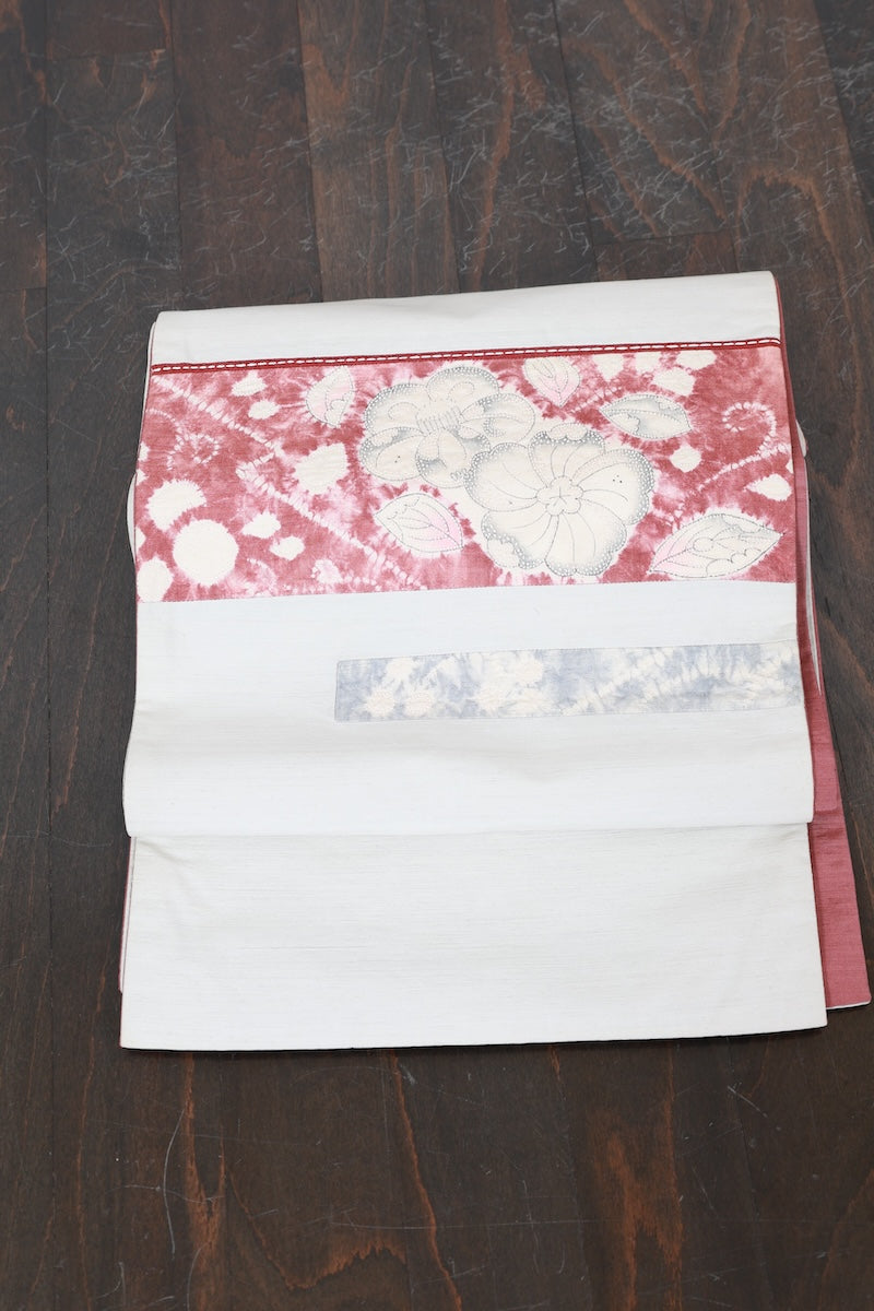 Nagoya-obi sash belt light gray brown gray embroidery pre-owned /ZZ1
