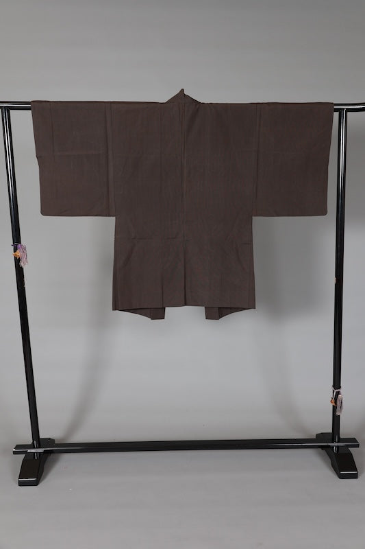 Men's Haori used(short kimono jacket), Tsumugi silk, brown and black stripes, handwoven, L168