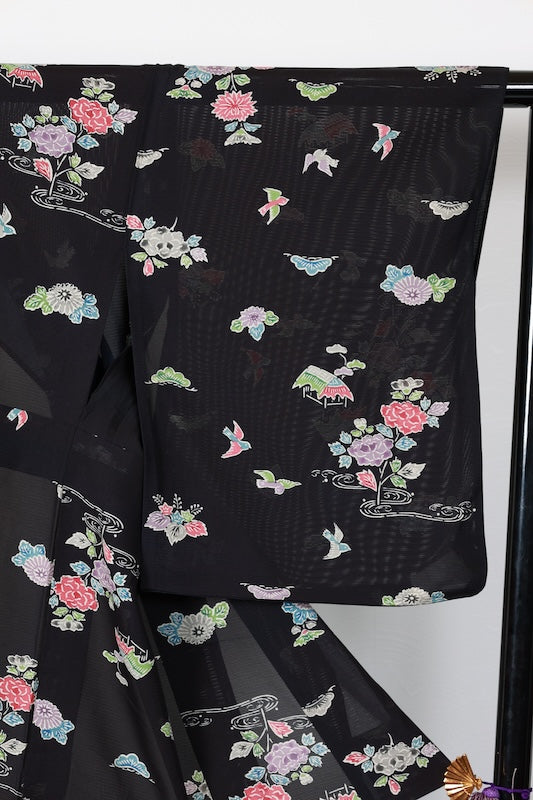 Summer Kimno used (small patterned kimono fabric), black, red, purple, gray, green, white, floral and bird pattern, tea house design, hand-painted, L181