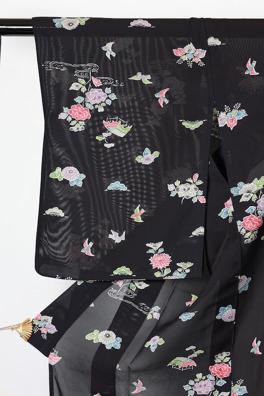 Summer Kimno used (small patterned kimono fabric), black, red, purple, gray, green, white, floral and bird pattern, tea house design, hand-painted, L181