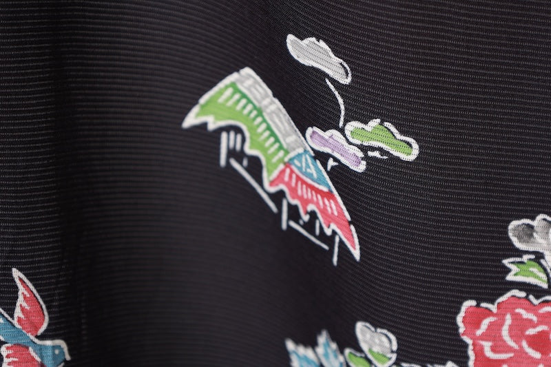 Summer Kimno used (small patterned kimono fabric), black, red, purple, gray, green, white, floral and bird pattern, tea house design, hand-painted, L181