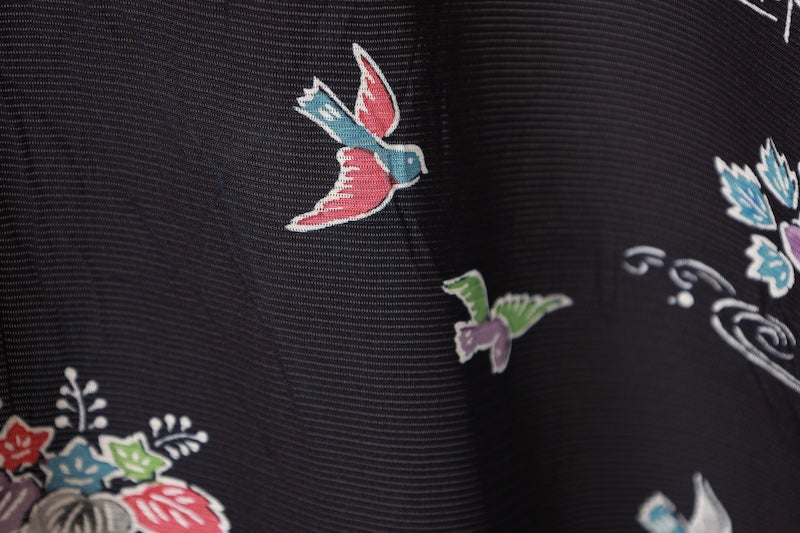 Summer Kimno used (small patterned kimono fabric), black, red, purple, gray, green, white, floral and bird pattern, tea house design, hand-painted, L181