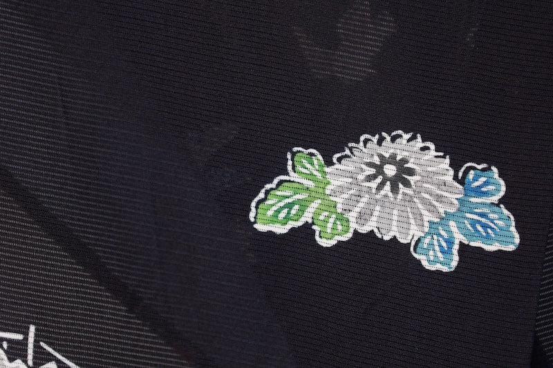 Summer Kimno used (small patterned kimono fabric), black, red, purple, gray, green, white, floral and bird pattern, tea house design, hand-painted, L181