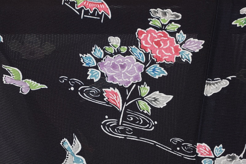 Summer Kimno used (small patterned kimono fabric), black, red, purple, gray, green, white, floral and bird pattern, tea house design, hand-painted, L181