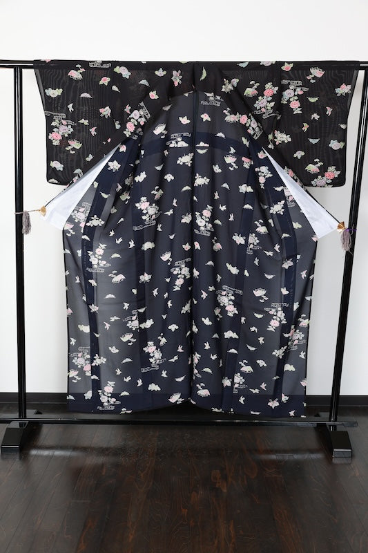 Summer Kimno used (small patterned kimono fabric), black, red, purple, gray, green, white, floral and bird pattern, tea house design, hand-painted, L181