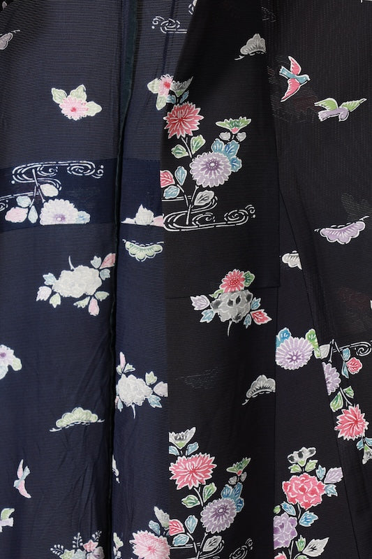 Summer Kimno used (small patterned kimono fabric), black, red, purple, gray, green, white, floral and bird pattern, tea house design, hand-painted, L181