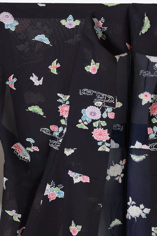 Summer Kimno used (small patterned kimono fabric), black, red, purple, gray, green, white, floral and bird pattern, tea house design, hand-painted, L181