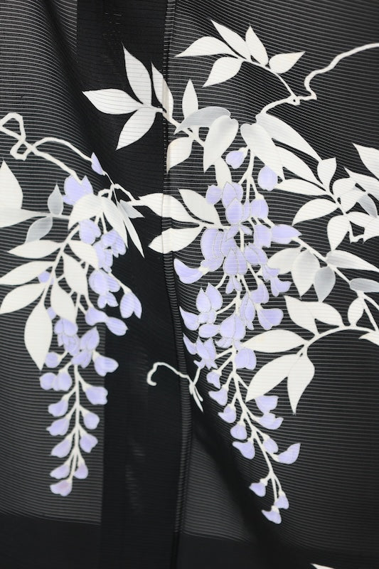 Summer Black Formal Kimono used(Ro-style) - Black, Purple, White, Gray - Wisteria - Five crests, dangling roses and wisteria with diamond-shaped flowers - Hand-painted Kyoto Yuzen dyeing - L181