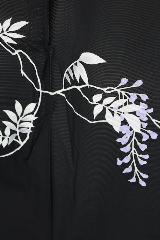Summer Black Formal Kimono used(Ro-style) - Black, Purple, White, Gray - Wisteria - Five crests, dangling roses and wisteria with diamond-shaped flowers - Hand-painted Kyoto Yuzen dyeing - L181