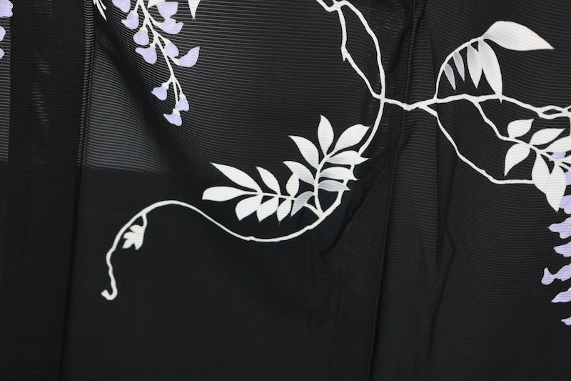 Summer Black Formal Kimono used(Ro-style) - Black, Purple, White, Gray - Wisteria - Five crests, dangling roses and wisteria with diamond-shaped flowers - Hand-painted Kyoto Yuzen dyeing - L181