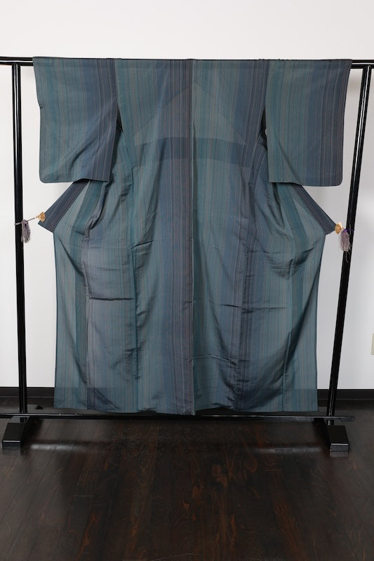Summer kimono used, sheer fabric, shades of indigo, purple, gray, reddish-brown, irregular stripes, L183