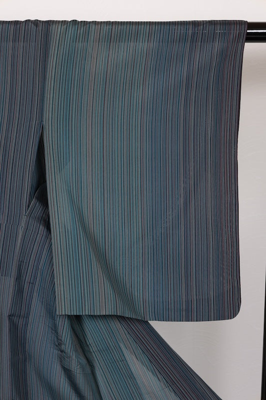 Summer kimono used, sheer fabric, shades of indigo, purple, gray, reddish-brown, irregular stripes, L183