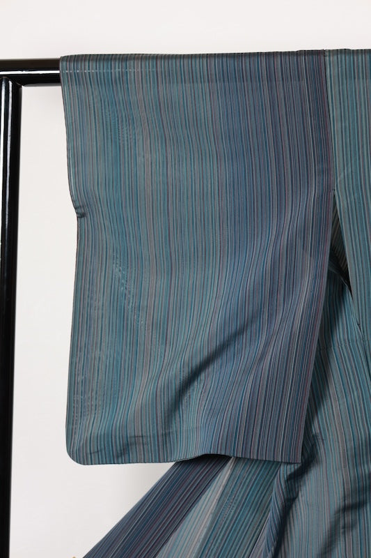 Summer kimono used, sheer fabric, shades of indigo, purple, gray, reddish-brown, irregular stripes, L183