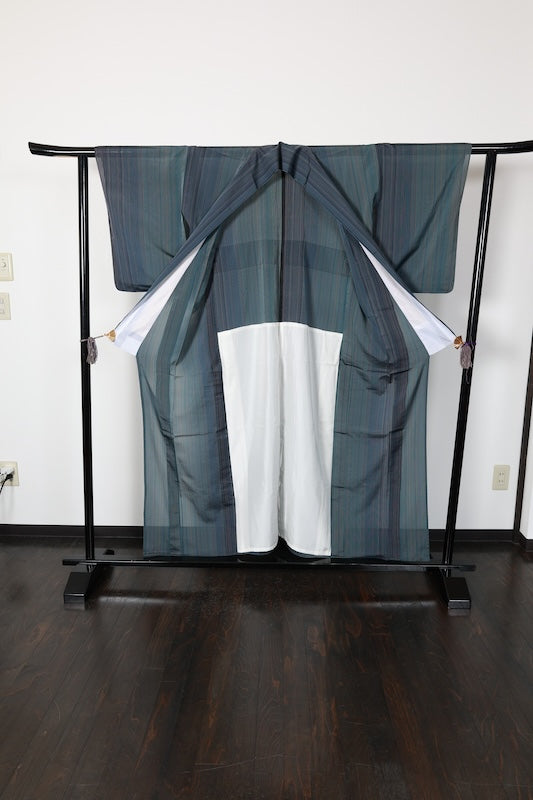 Summer kimono used, sheer fabric, shades of indigo, purple, gray, reddish-brown, irregular stripes, L183