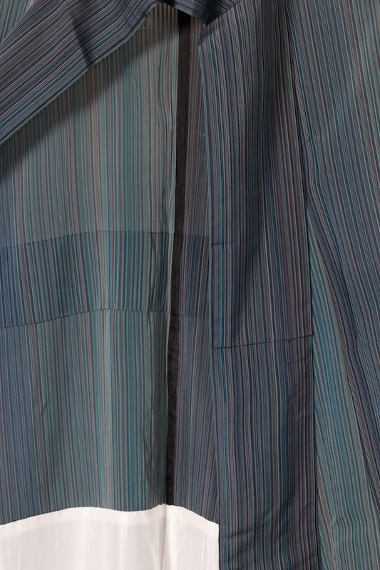Summer kimono used, sheer fabric, shades of indigo, purple, gray, reddish-brown, irregular stripes, L183