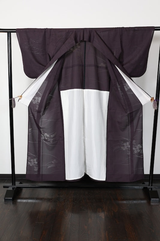 Summer kimono used, patterned gauze, purple-brown, bush clover and dewdrop grass pattern, L177
