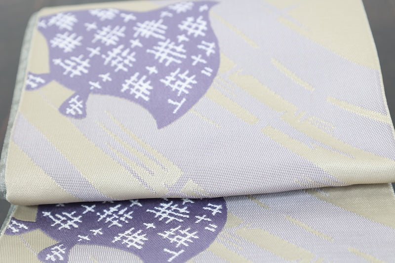 Brand-new Han-haba Obi (half-width sash) — Light yellow, purple, white, and yellow-green(P1)