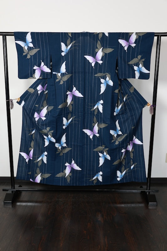 Yukata used (Japanese summer kimono) - Indigo blue, white, gold, butterfly pattern, stripes - L176