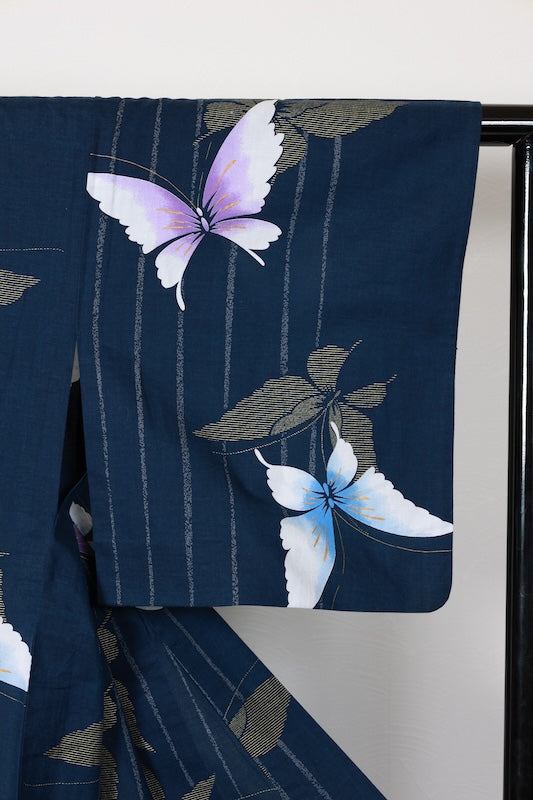 Yukata used (Japanese summer kimono) - Indigo blue, white, gold, butterfly pattern, stripes - L176