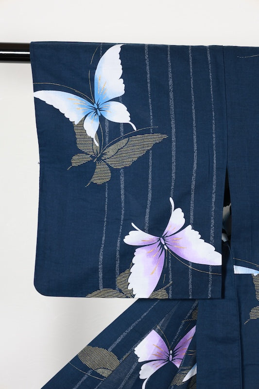 Yukata used (Japanese summer kimono) - Indigo blue, white, gold, butterfly pattern, stripes - L176