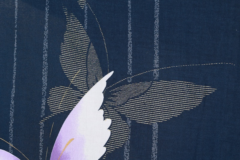 Yukata used (Japanese summer kimono) - Indigo blue, white, gold, butterfly pattern, stripes - L176