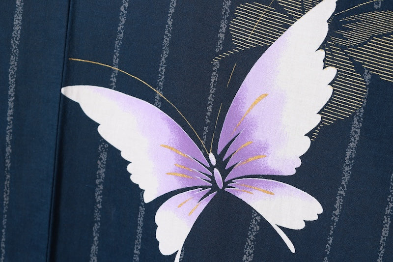 Yukata used (Japanese summer kimono) - Indigo blue, white, gold, butterfly pattern, stripes - L176