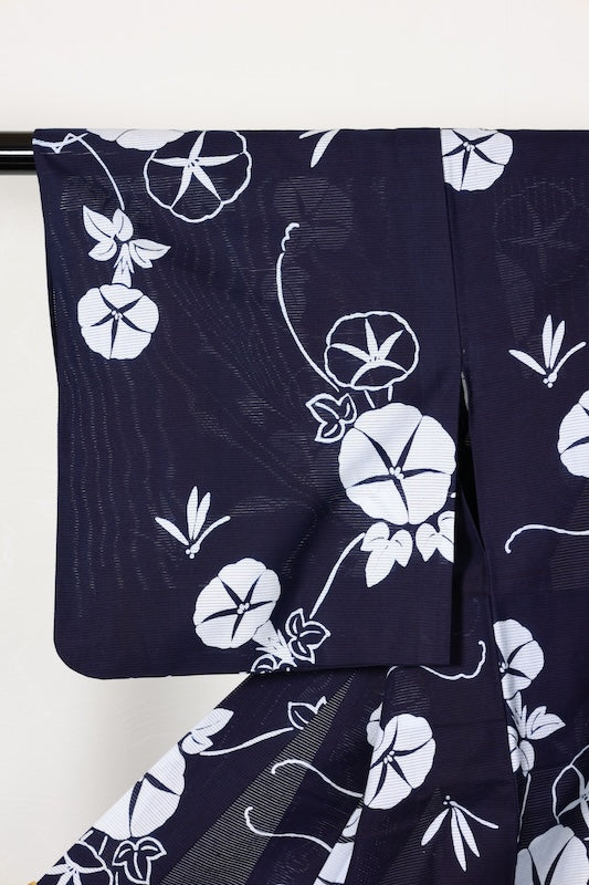 Yukata used (Japanese summer kimono), ro (gauze weave), indigo and white, morning glory and dragonfly pattern, traditionally dyed, size L180